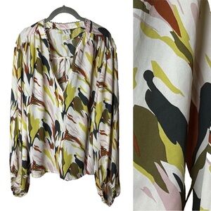 Worthington Blouse Plus Size 3X Top Long Sleeves V-Neck White Navy Blue Green